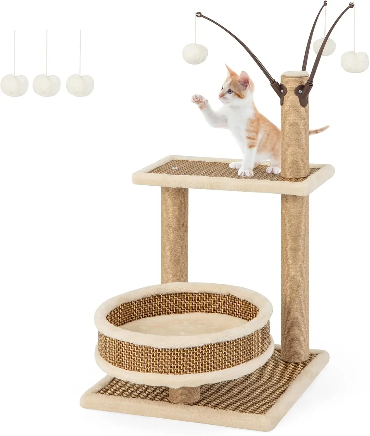 COSTWAY Arbre à Chat en Bois 2Niveaux 40cm, Grand Niche, Perchoir Plateforme, Tapis en Rotin, 3 Pompons Amovibles, Poteaux à Gratter, Bord en Peluche