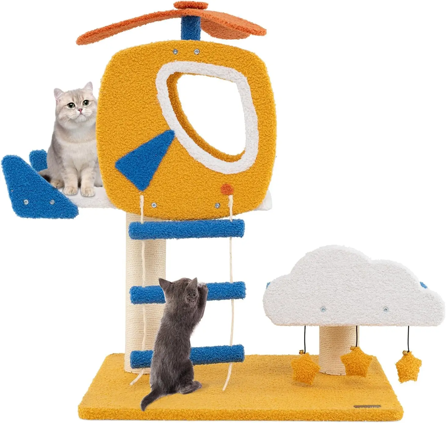 COSTWAY Arbre a Chat Design 76 cm, Petit Arbre a Chat à Thème de Aviation, 2 Griffoirs pour Chat, Échelle d’escalade 58,5 × 48,5 × 76 cm