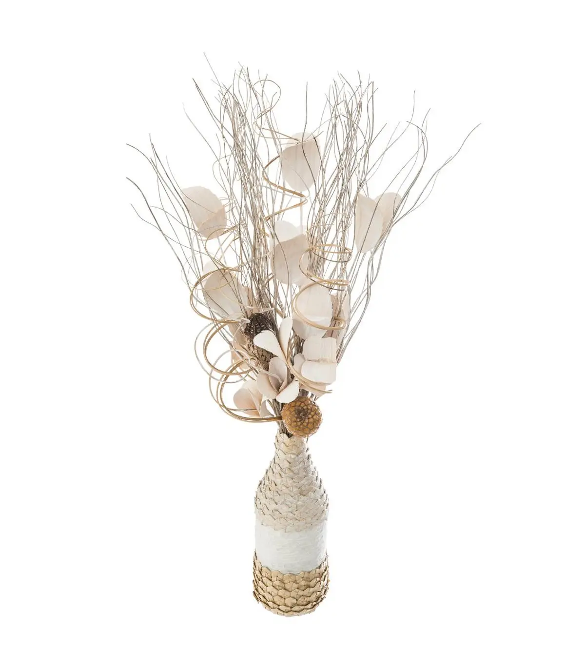 Composition florale artificielle Vase verre et osier H 50 cm