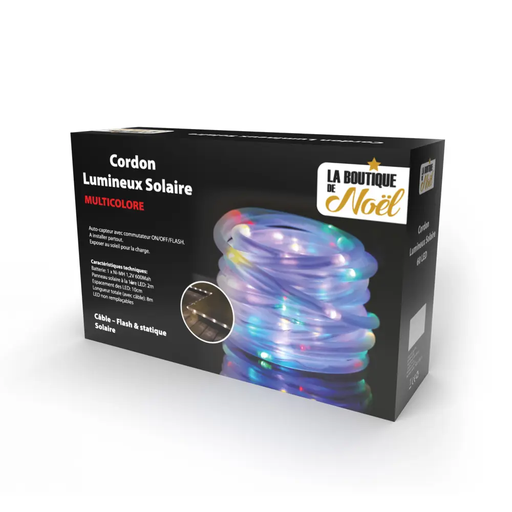 Cordon lumineux solaire LED 6 à 24 m – Éclairage fixe ou clignotant, blanc ou multicolore, IP44 – 10 mètres – Multicolore – DIVERS