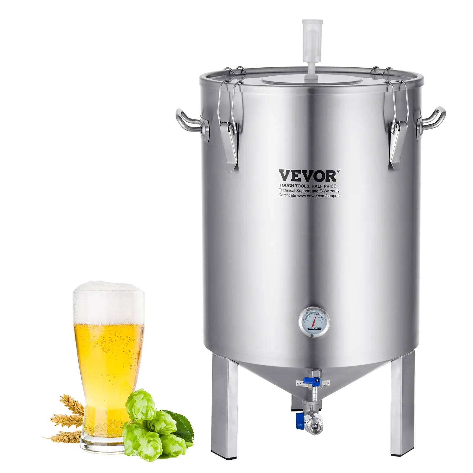 VEVOR Cuve brassage bière inox 304, 60L, avec base, couvercle, robinet, thermomètre, pour brasseur maison.