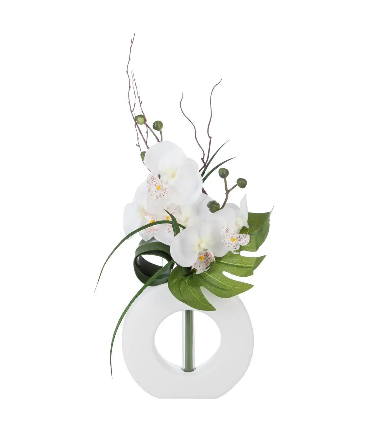 Composition florale d’Orchidées artificielles Vase Blanc en Céramique H 45 cm