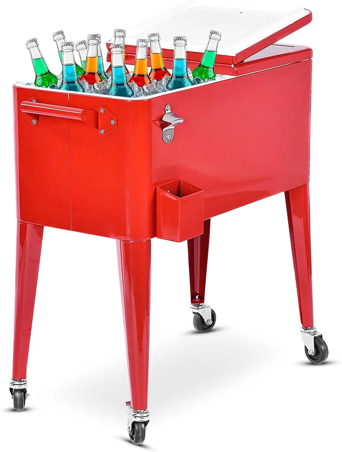Chariot Isotherme Roulant de 76 litres, Réfrigérant avec roulettes Universelles Ouvre-Bouteille, Desserte Jardin pour Conserver Glace et Boissons dans