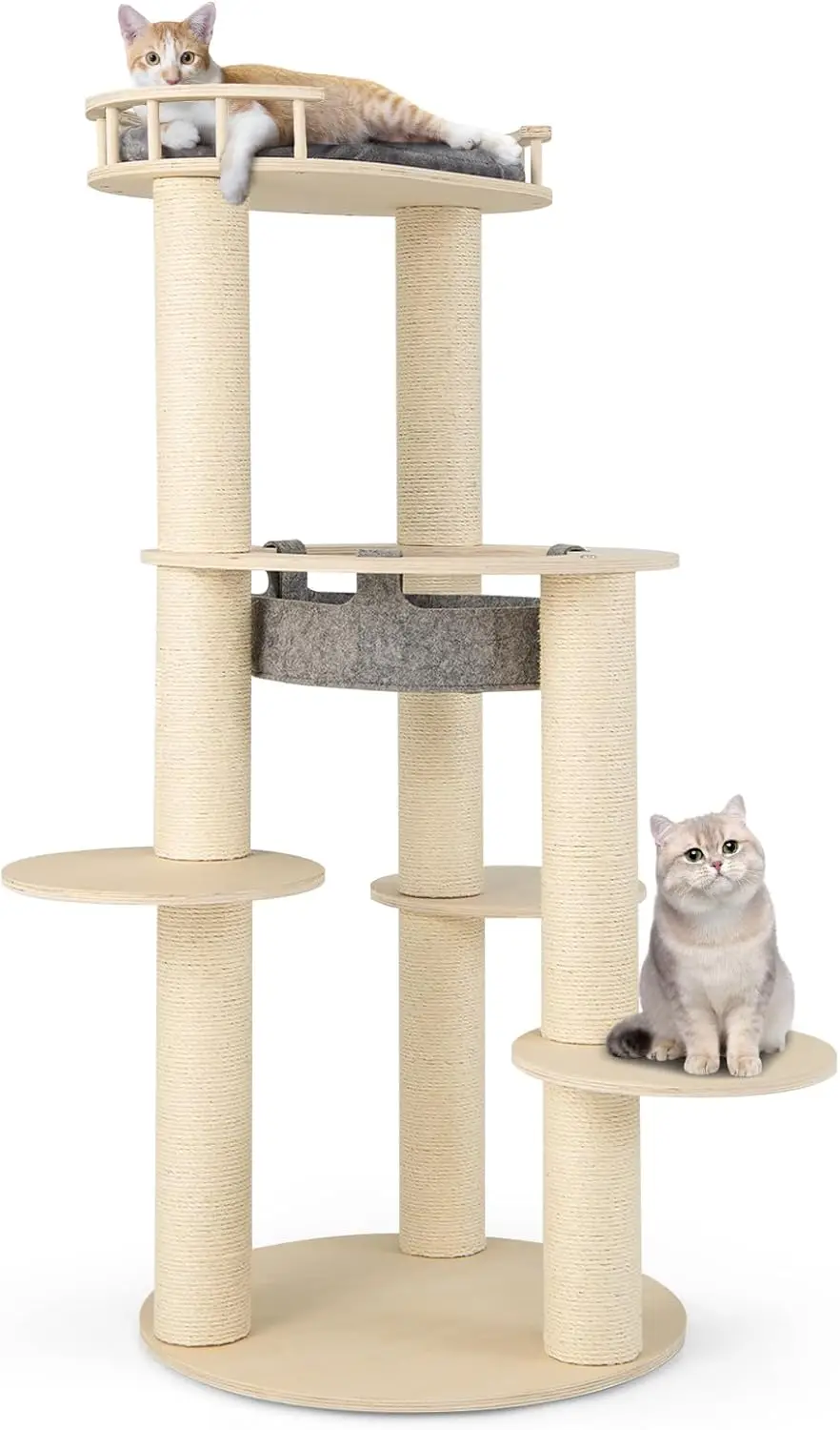 COSTWAY Arbre à Chat en Bois à 6 Niveaux de 150 cm, Tour à Chat Moderne avec Perchoir Rembourré et 3 Plates-Formes, Beige