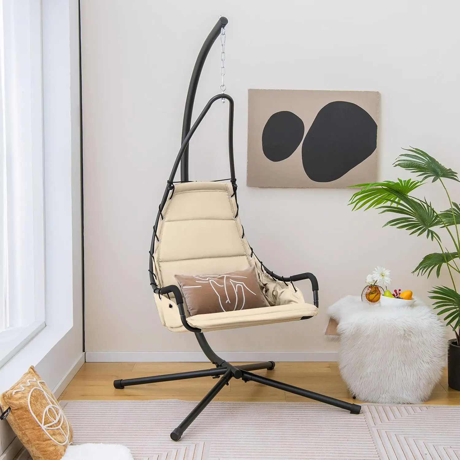 COSTWAY Fauteuil Suspendu avec Support en Acier, Balançoire Suspendue avec Siège Rembourré Extra Large, Chaise Hamac Charge 120 KG (Beige)