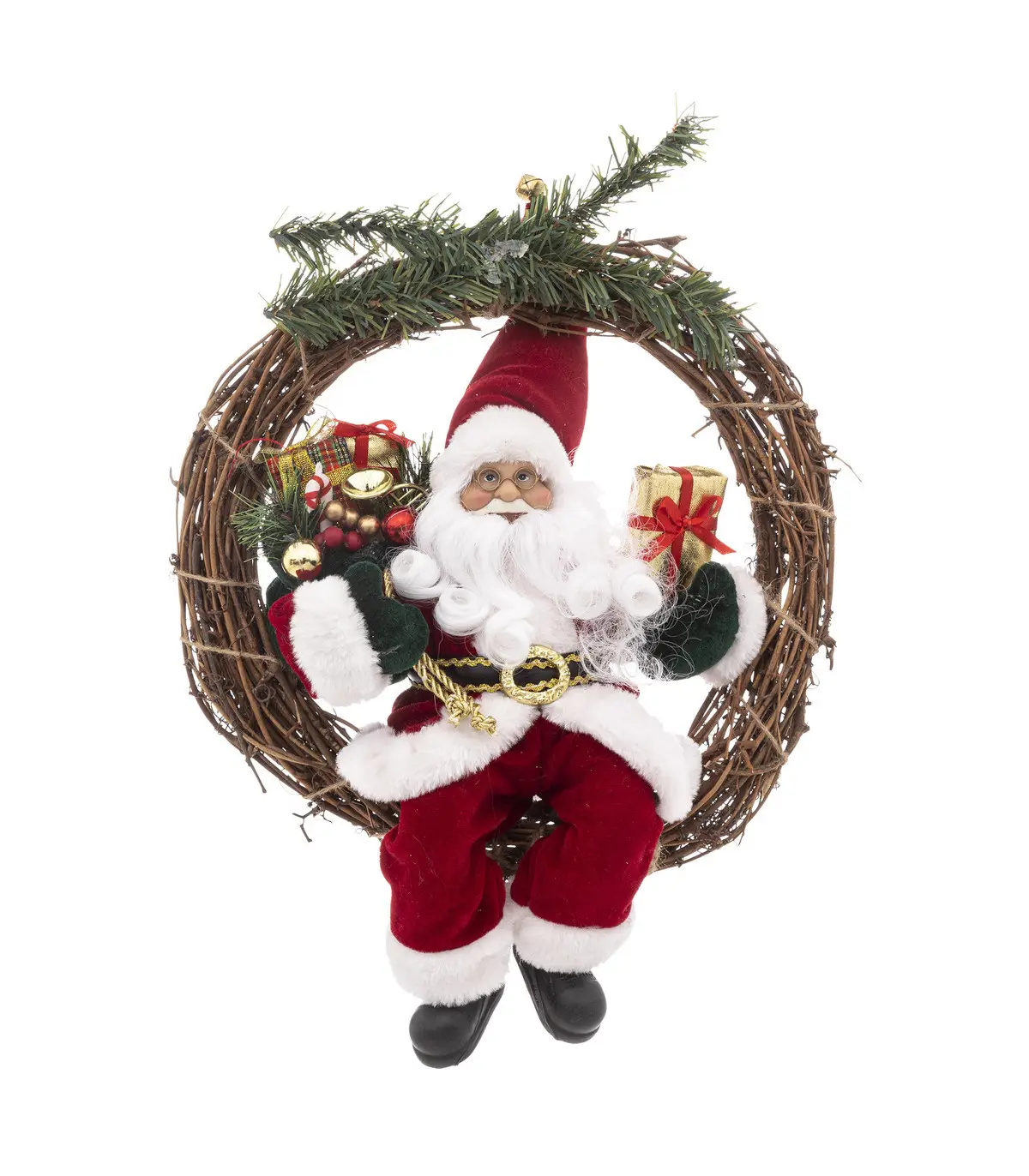 Couronne avec Père Noël traditionnel en velours rouge et fourrure blanche H 30 cm