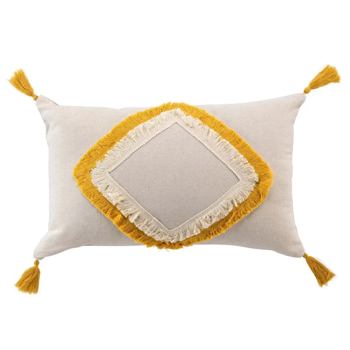 Coussin Déco à Pompons «Malory» 30x50cm Jaune