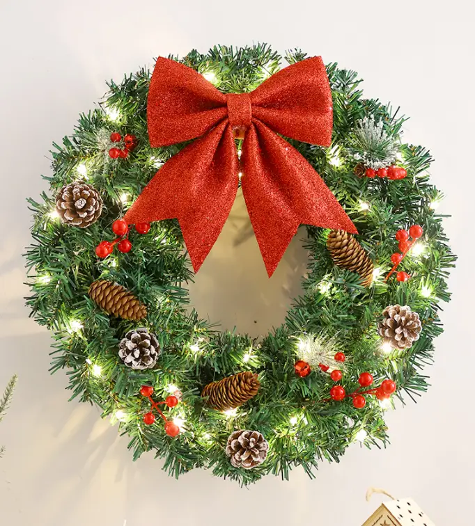 Couronne de Noël, Couronne de Noël Porte, Pendentifs Muraux De Noël, Couronne de Noël avec Lumières pour Porte D’entrée, Décorations(40cm)