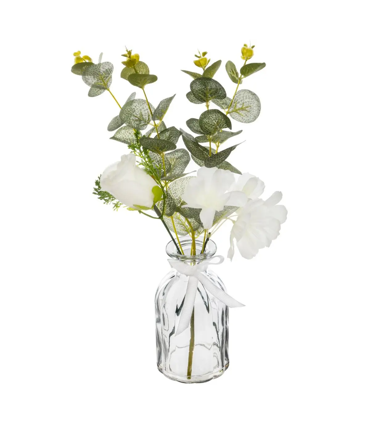 Composition florale artificielle Eucalyptus et Fleurs Vase en Verre H 41 cm