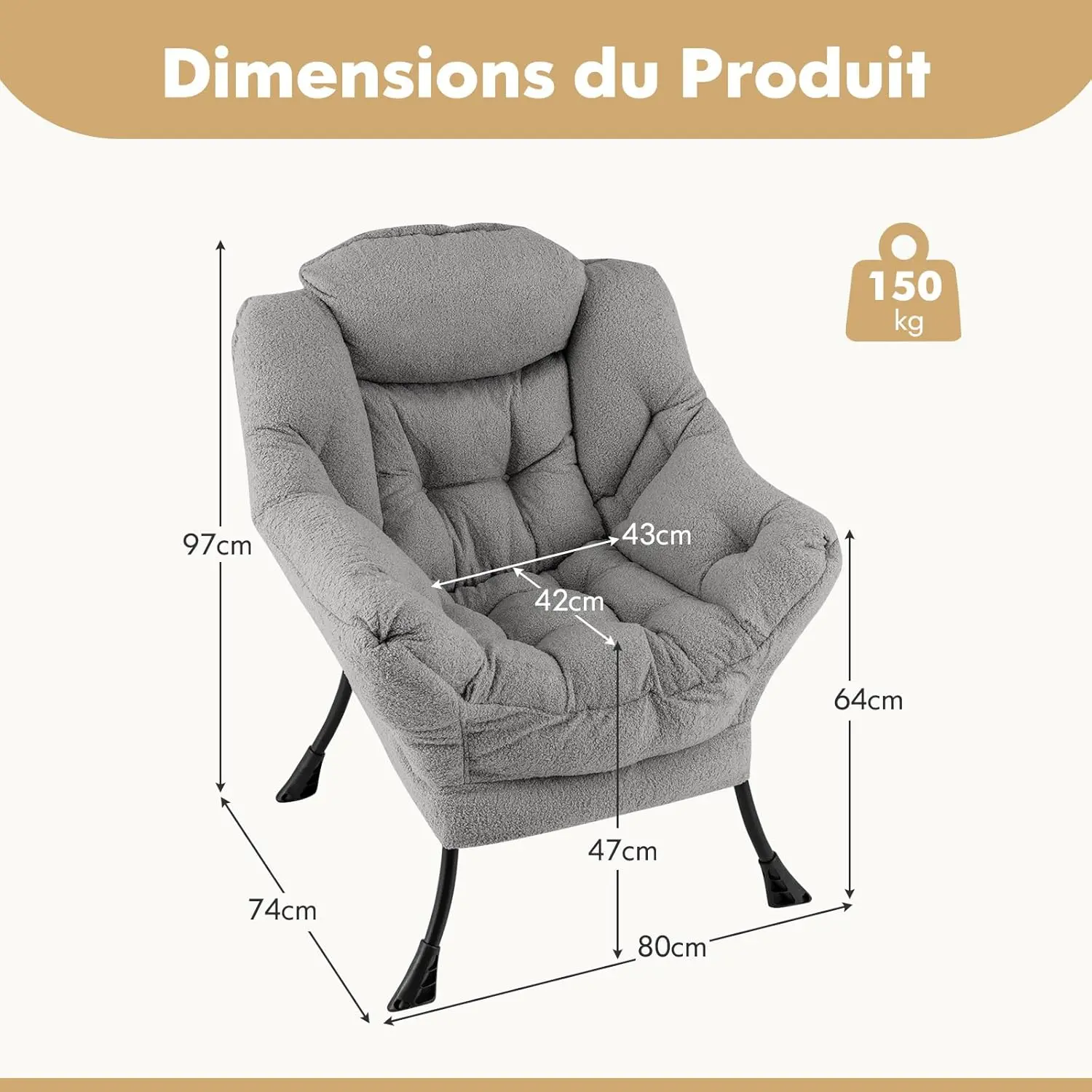COSTWAY Fauteuil Salon Scandinave, Fauteuil Relax en Sherpa avec Oreiller et Poche Latérale, Fauteuil Chambre pour Lecture, pour Charger 150 KG (Gris)