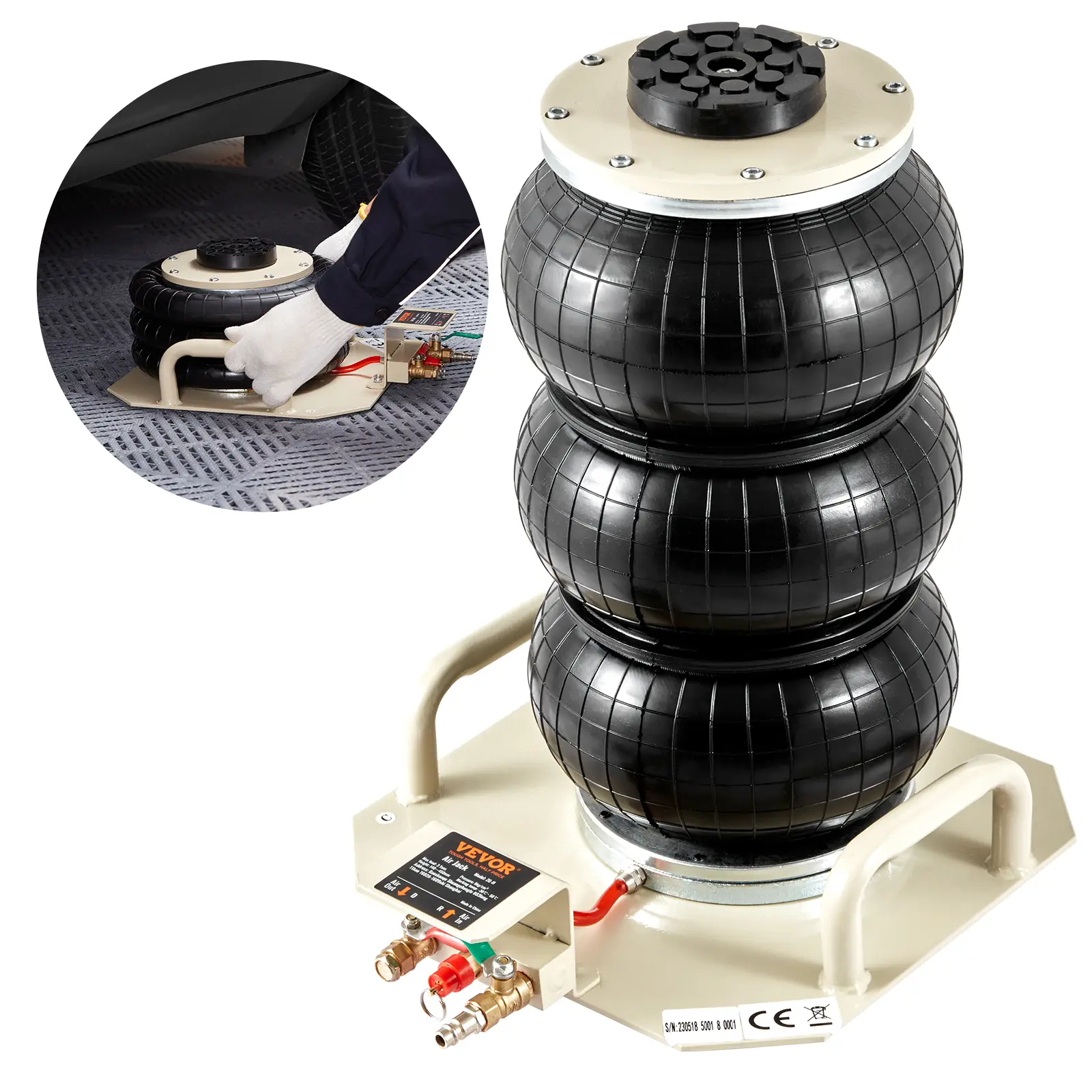 VEVOR Cric pneumatique 3T 140-450 mm, 0,8-1,0 MPa, coussins d’air, levage rapide 5 sec, atelier/garage.