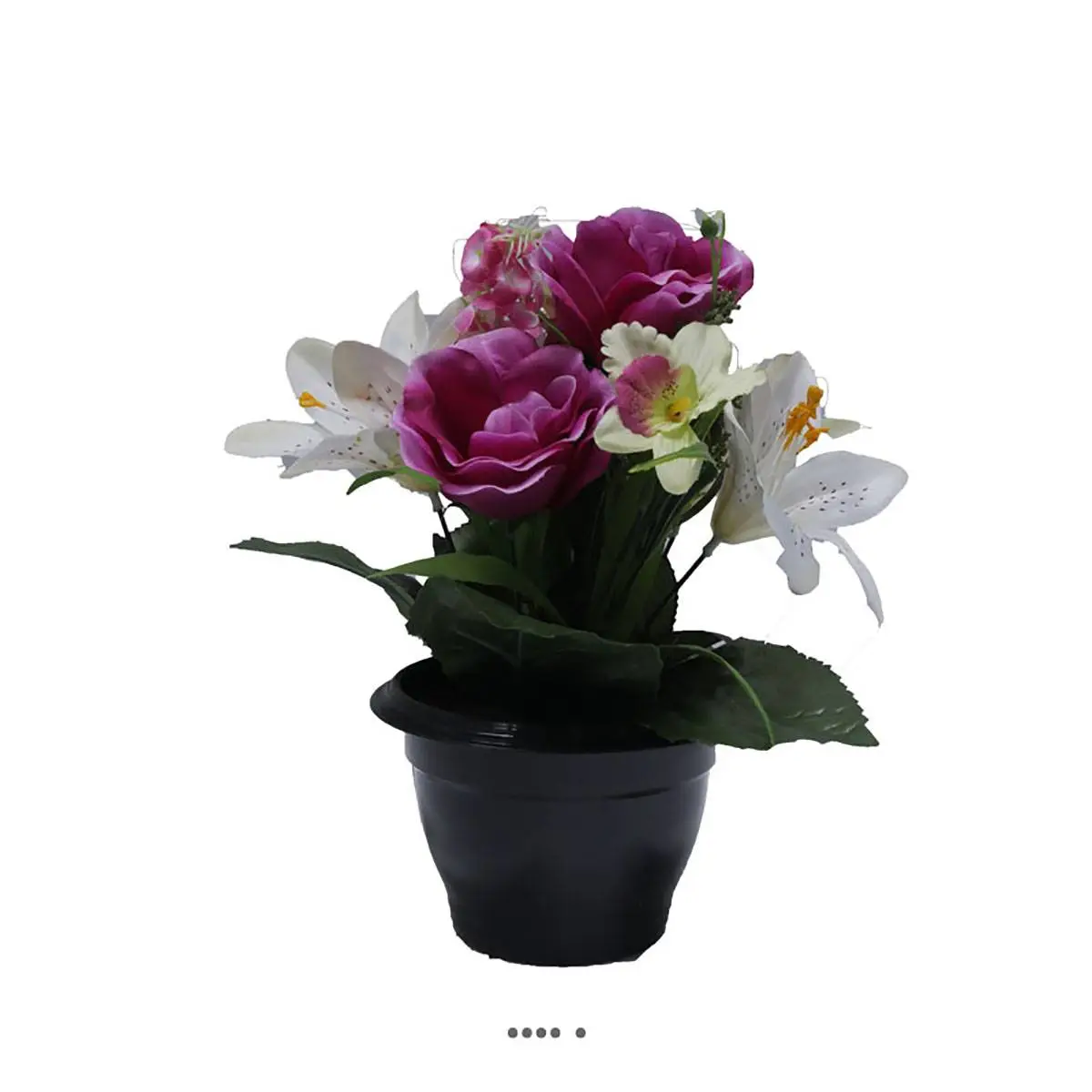 Composition fleurs artificielles cimetière pot roses lys arums H 28 cm D 25 cm Mauve violet – couleur: Mauve violet