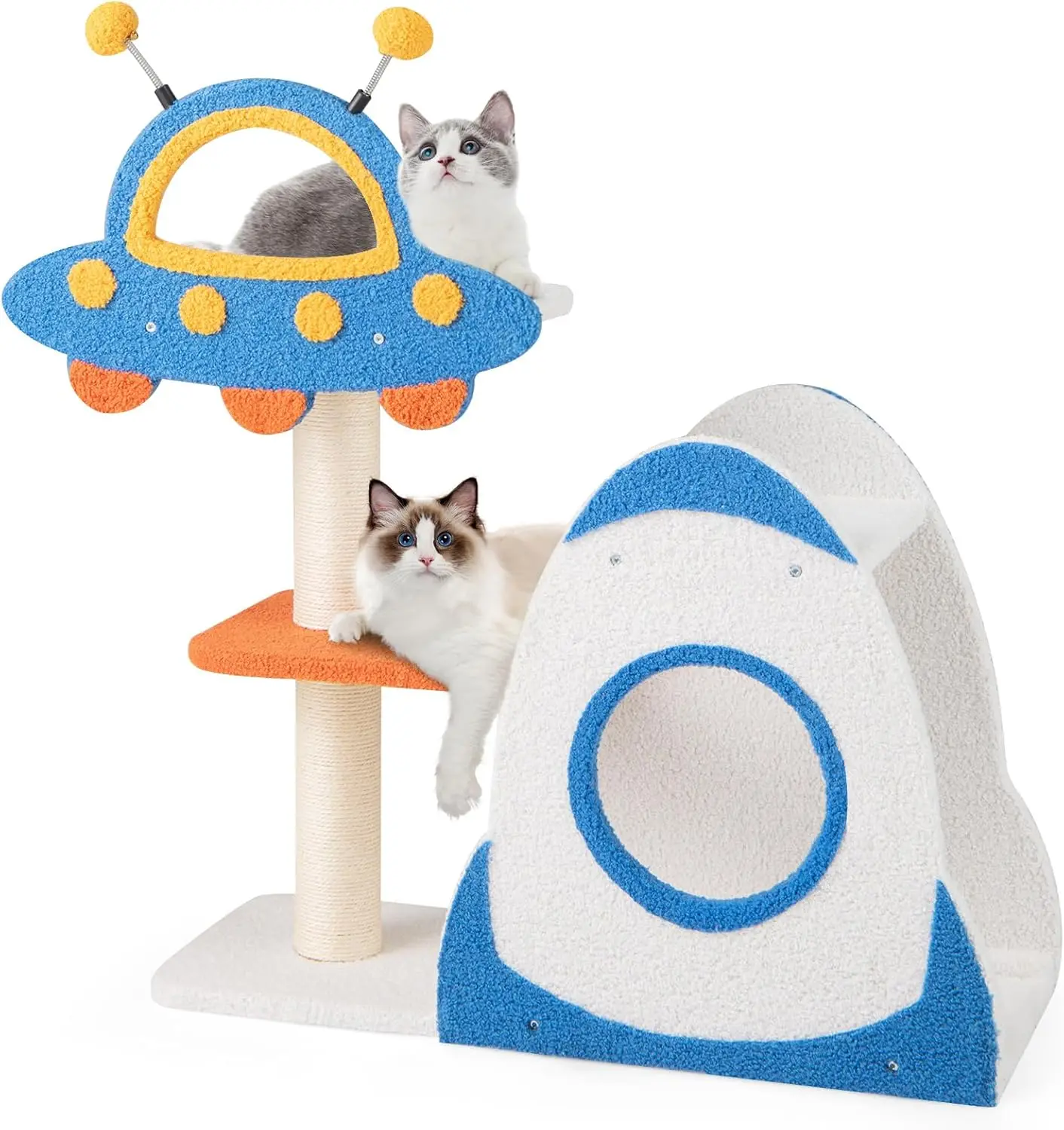 COSTWAY Arbre a Chat Design 87 cm, Petit Arbre a Chat à Thème Spatial, Griffoir pour Chat en Sisal, 4 Plateformes, Peluche Teddy, 80 × 33 × 87 cm