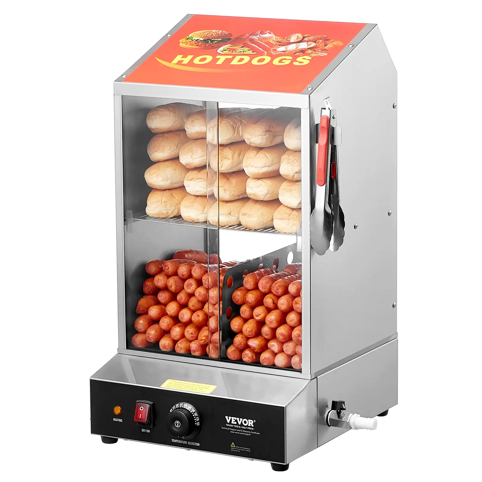 VEVOR Cuiseur à Vapeur Hot-Dogs 37L, 2 Niveaux, Température 30° à 85°, Porte Verre Trempé.