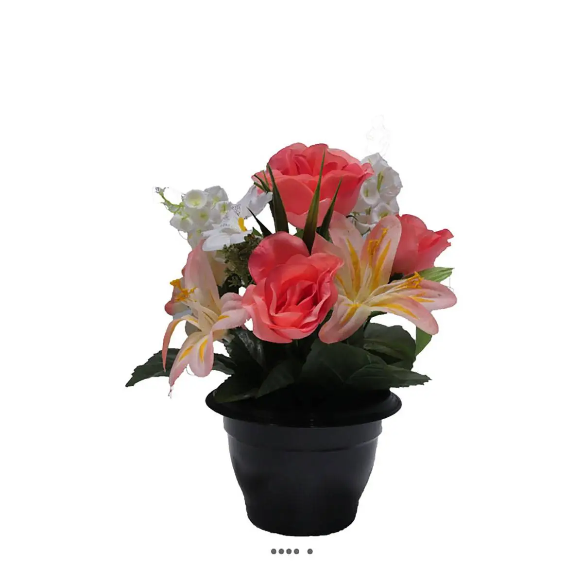 Composition fleurs artificielles cimetière pot roses lys arums H 28 cm D 25 cm Rose saumon – couleur: Rose saumon