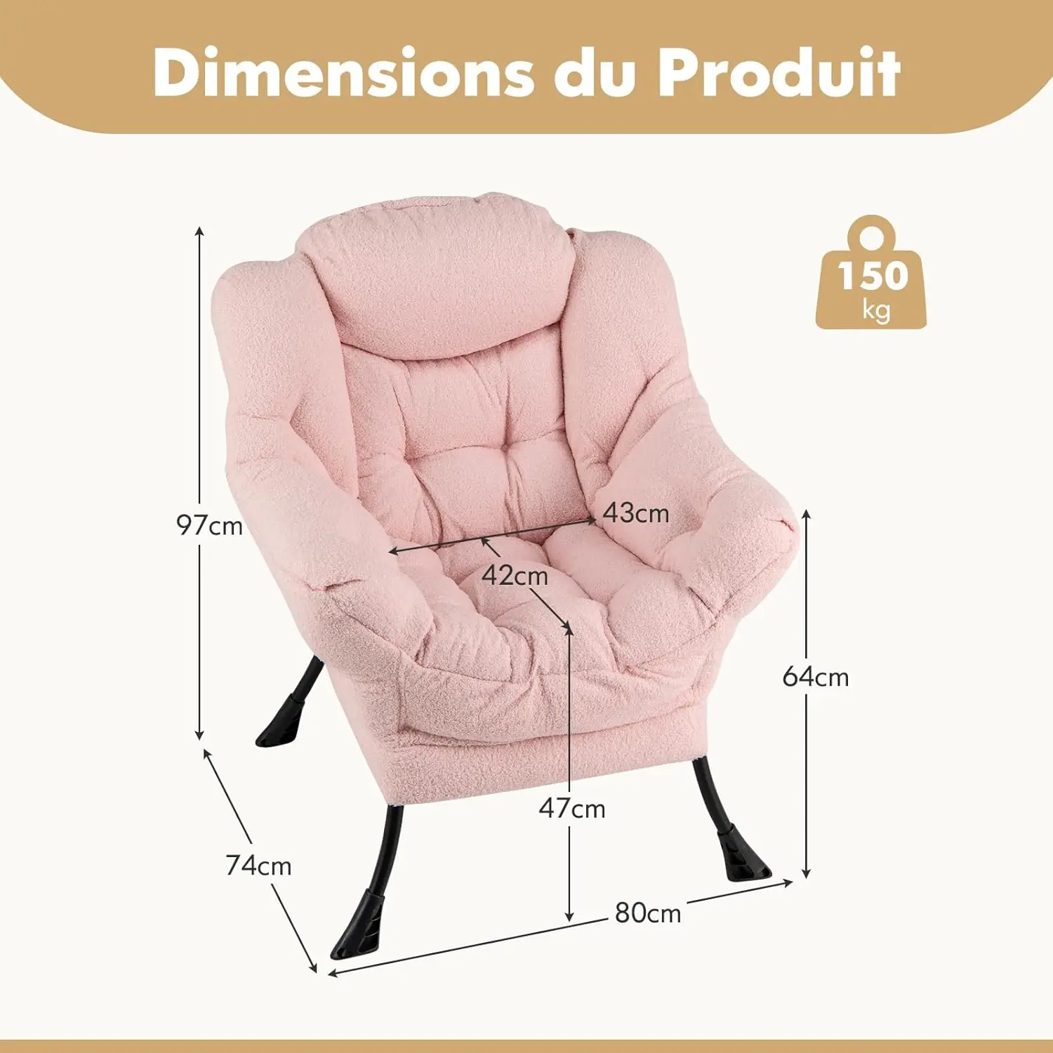 COSTWAY Fauteuil Salon Scandinave, Fauteuil Relax en Sherpa avec Oreiller et Poche Latérale, Fauteuil Chambre pour Lecture, pour Charger 150 KG (Rose)