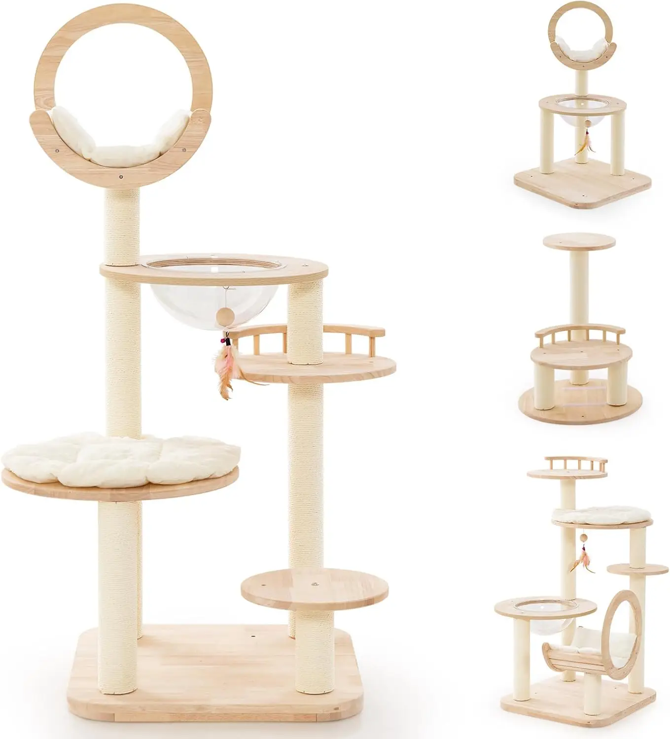 COSTWAY Arbre à Chat en Bois Convertible 4 en 1, Grande Tour à Chat en Blocs de Construction avec Condo, Hublot et Griffoir, Jouet Suspend, Beige