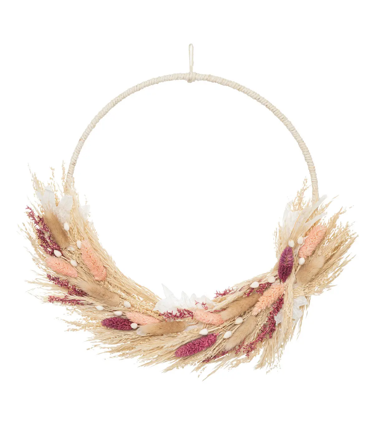 Couronne de Fleurs Séchées Beige et Rose D 36 cm