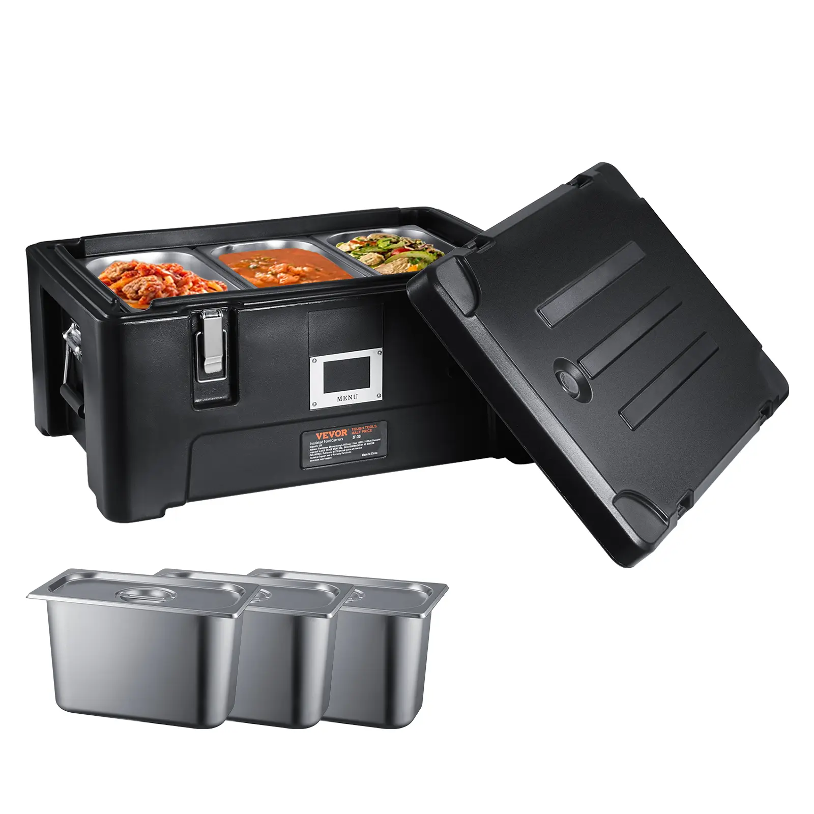 VEVOR Conteneur isotherme 30 L, LLDPE, chargement haut, 3 bacs inox. Traiteur, cantine.