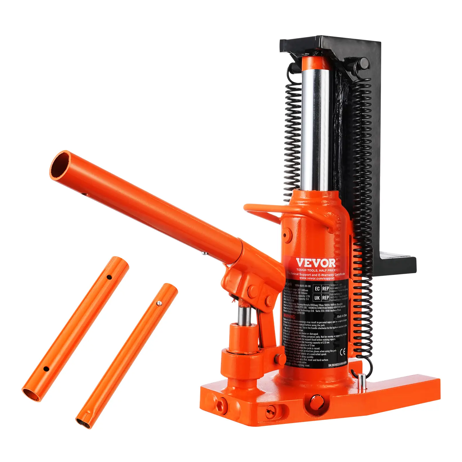 VEVOR Cric patte hydraulique 2.5T, levage 5T, hauteur patte 20-135mm, pour machines et industrie.