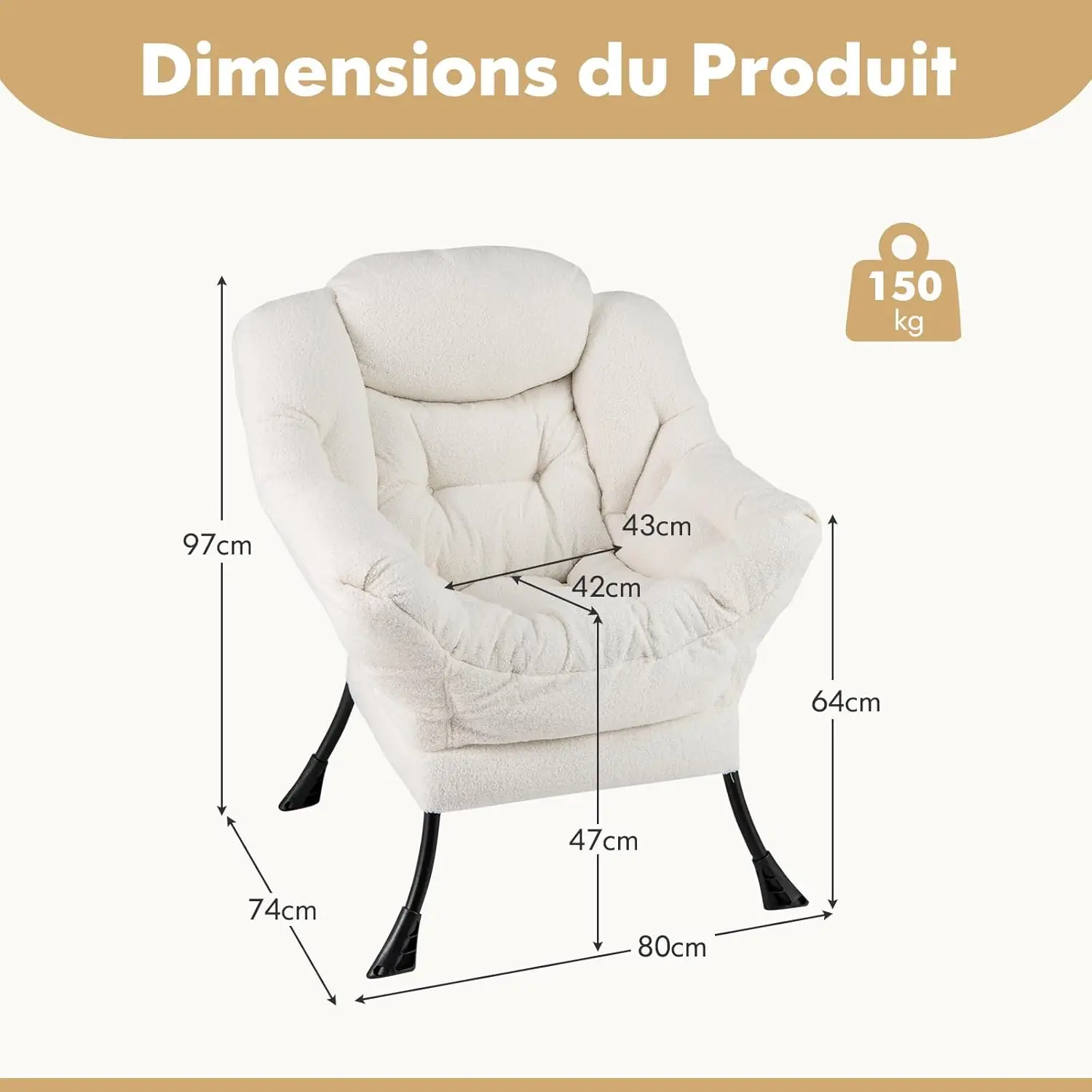 COSTWAY Fauteuil Salon Scandinave, Fauteuil Relax en Sherpa avec Oreiller et Poche Latérale, Fauteuil Chambre pour Lecture,pour Charger 150 KG (Beige)