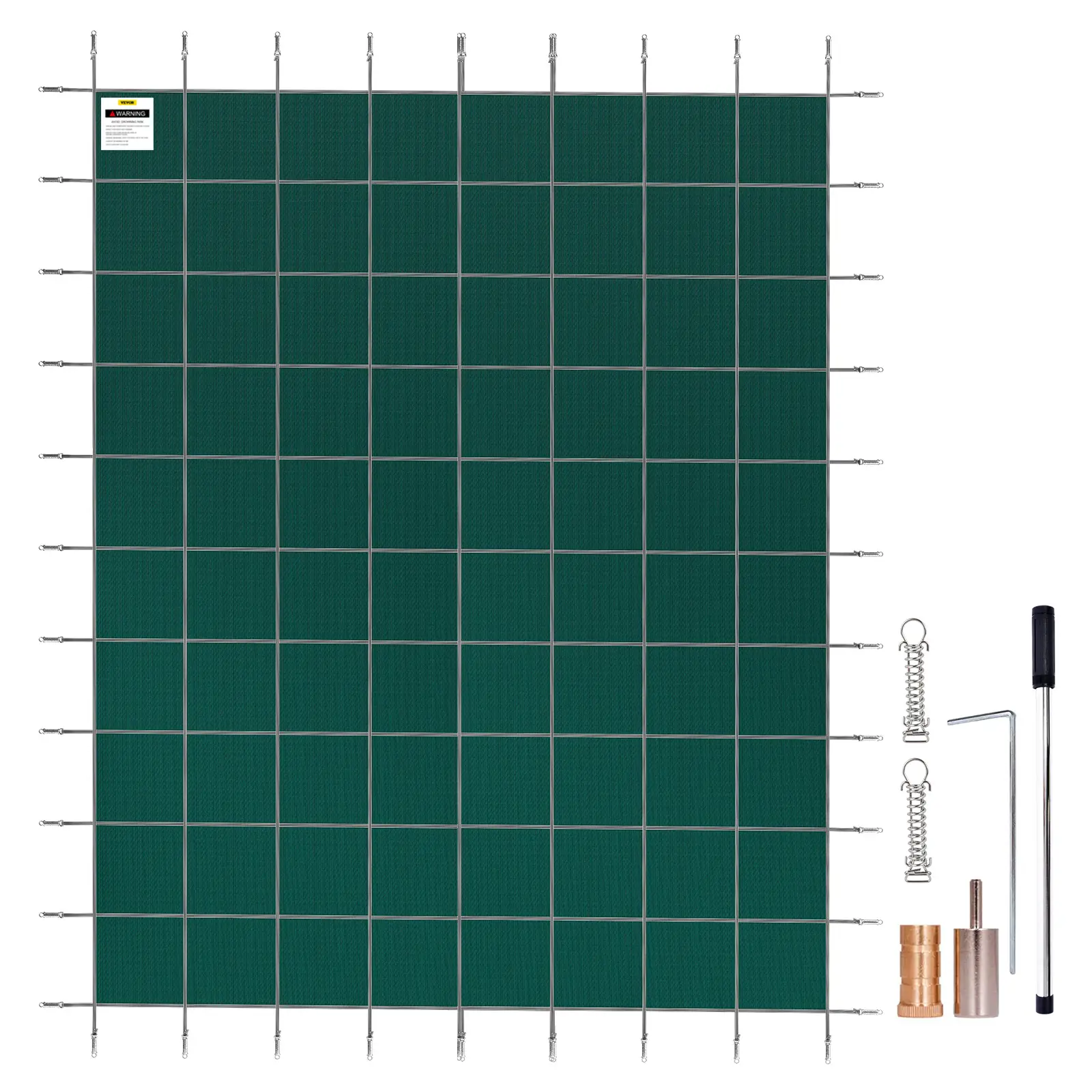 VEVOR Couverture sécurité piscine 6.1×12.2m, maille verte, résistante soleil/vent, avec outils d’installation.