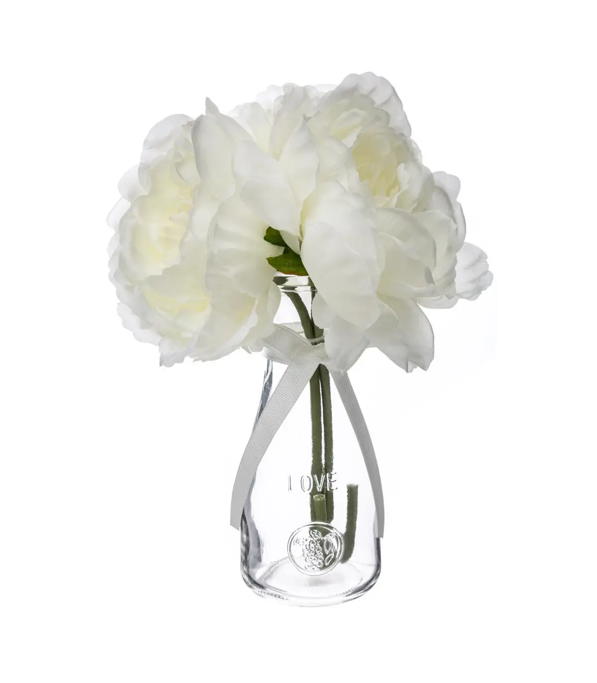 Composition florale artificielle 3 Pivoines blanches Vase en verre H 27 cm