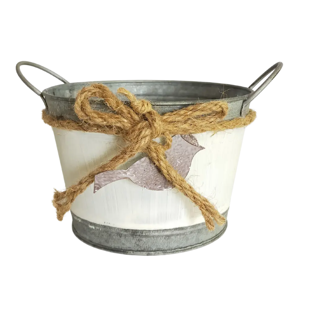 ~ Coupe ronde en métal blanc gris et marron 10.5 x 15.5 cm Chemin de campagne