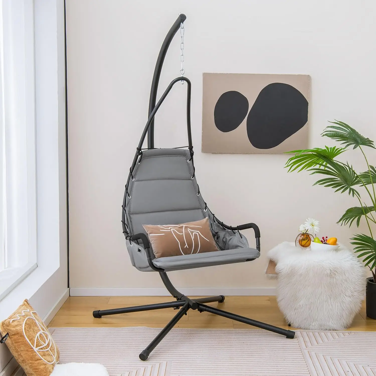 COSTWAY Fauteuil Suspendu avec Support en Acier, Balançoire Suspendue avec Siège Rembourré Extra Large, Chaise Hamac Charge 120 KG (Gris)