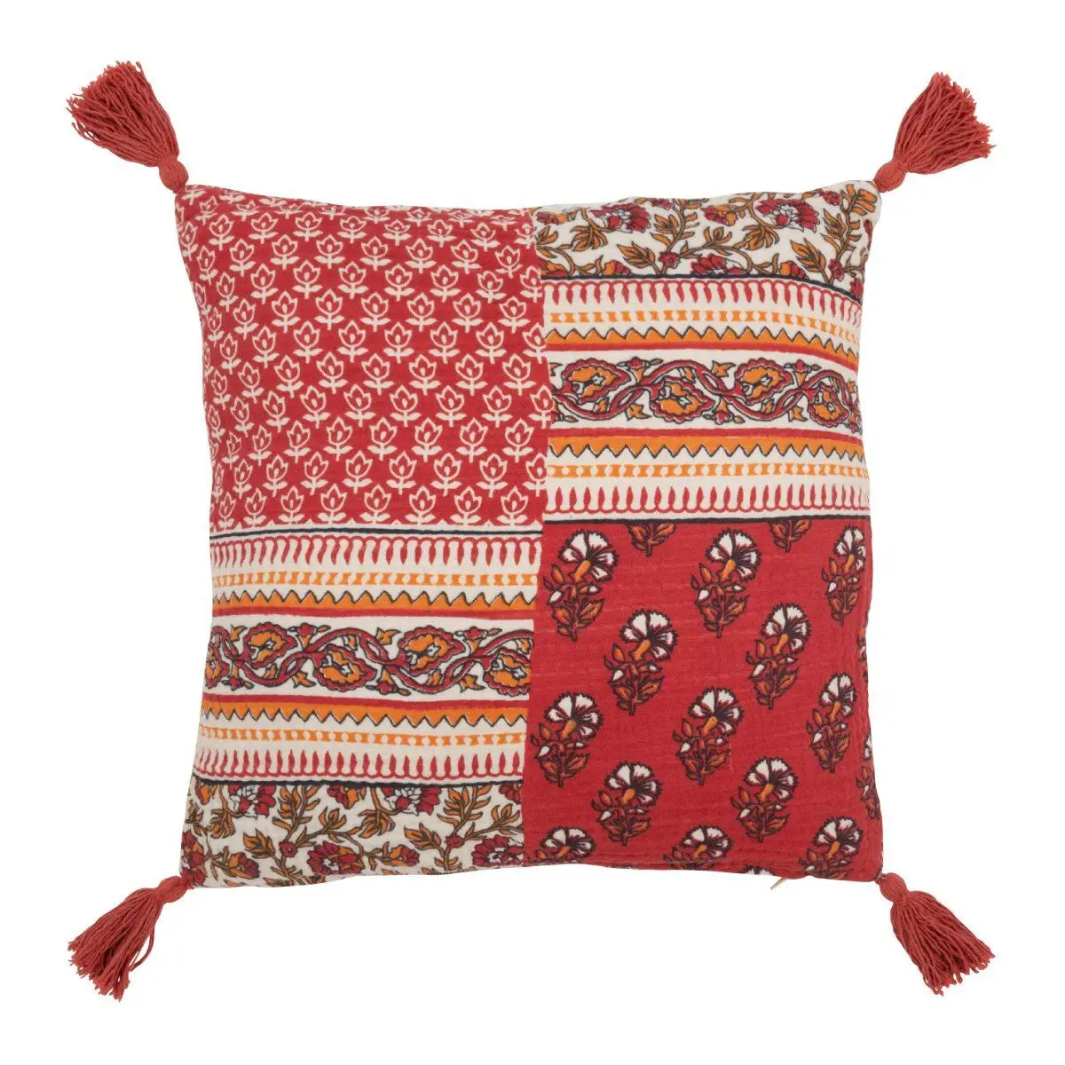 Coussin à Pompons Fleurs «Mexican» 45x45cm Rouge