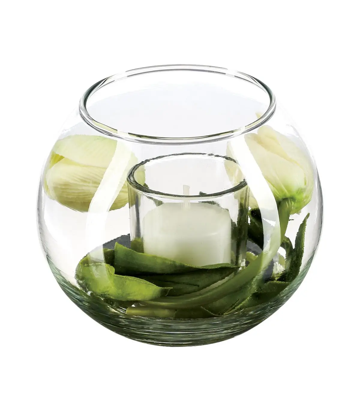 Composition florale artificielle Vase en verre D. 12 x P. 10 cm