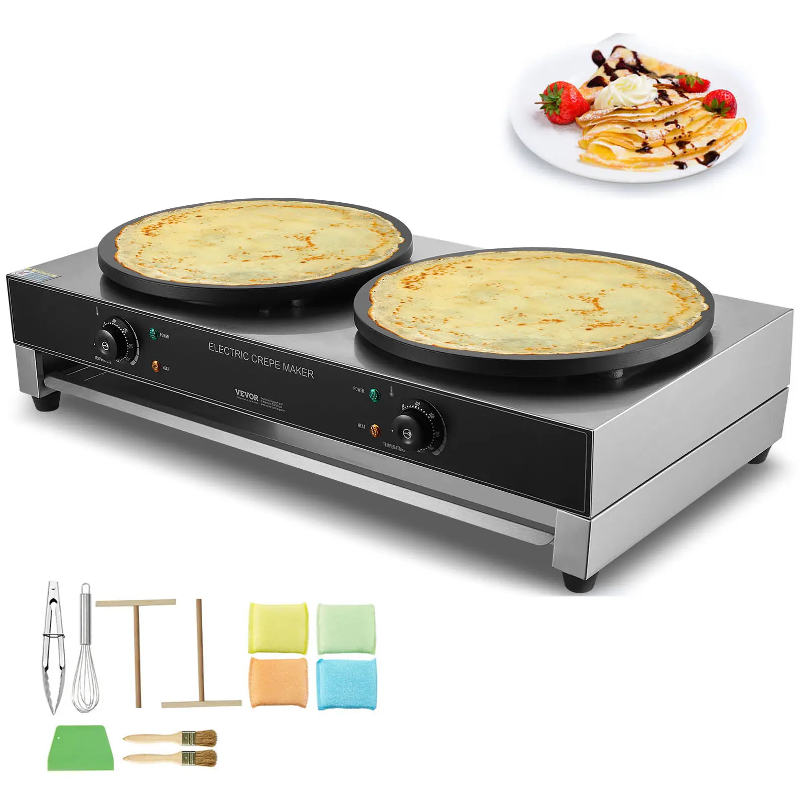 VEVOR Crêpière électrique 40 cm commerciale double tête 6000W, inox, contrôle temperature.