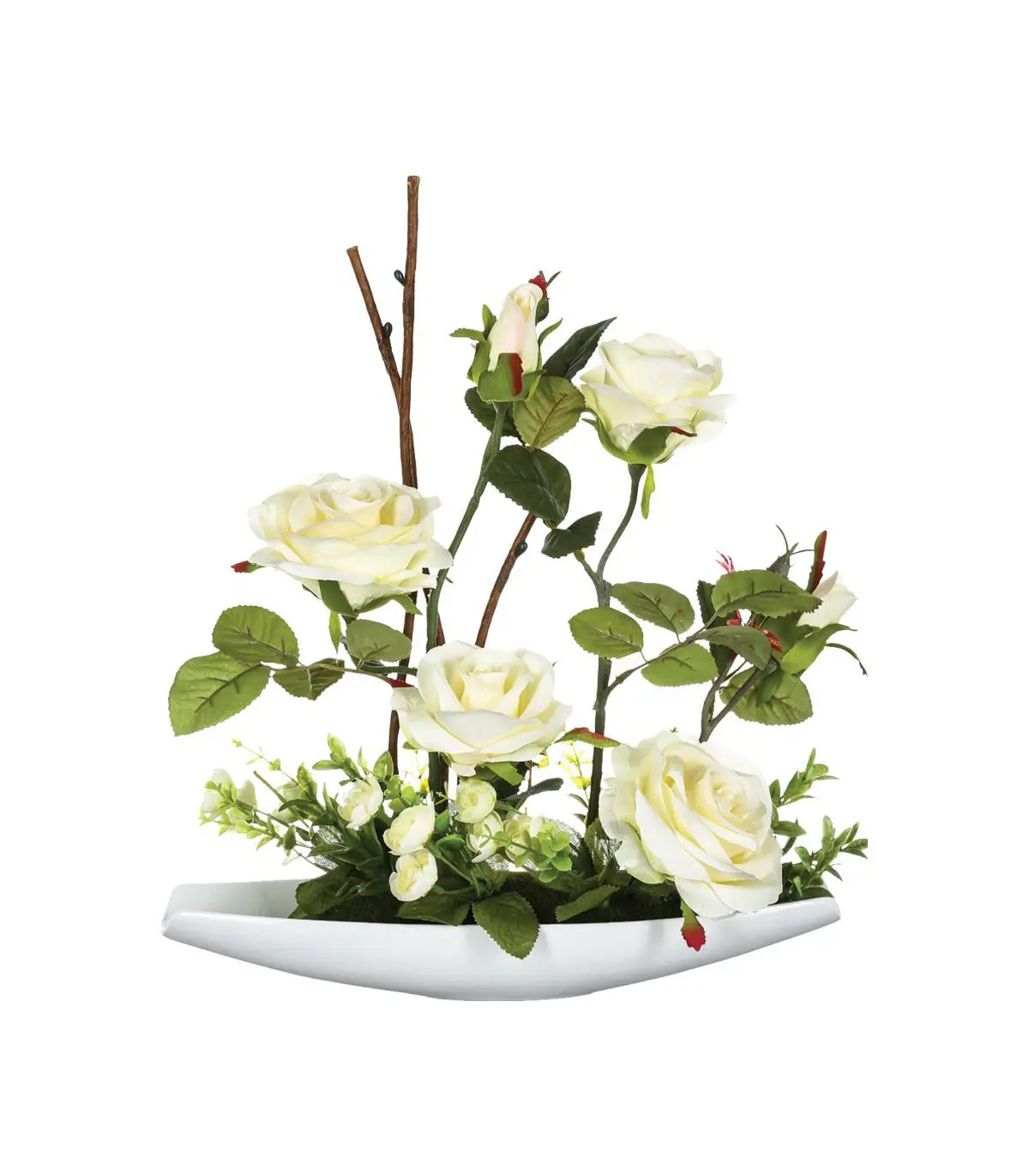 Composition florale artificielle Roses dans une coupelle en céramique L 32 x H 35 cm