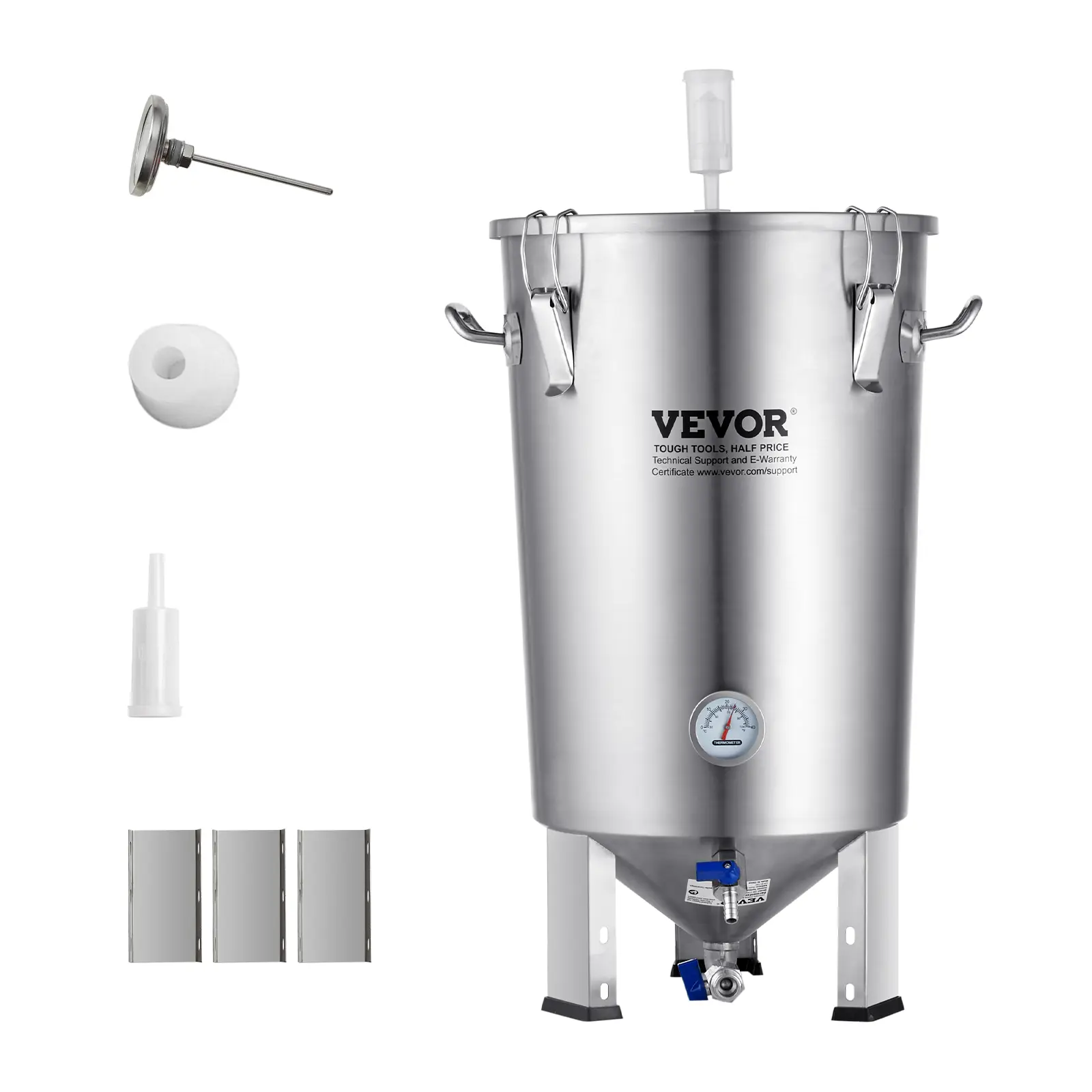 VEVOR Cuve brassage bière inox 304, 30L, avec base, couvercle, robinet, thermomètre, pour brasseur maison.