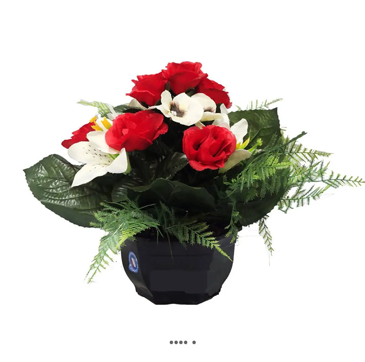 Composition fleurs artificielles pour cimetière vasque roses, lys et pensées H 28 cm D 32 cm Rouge – couleur: Rouge 755