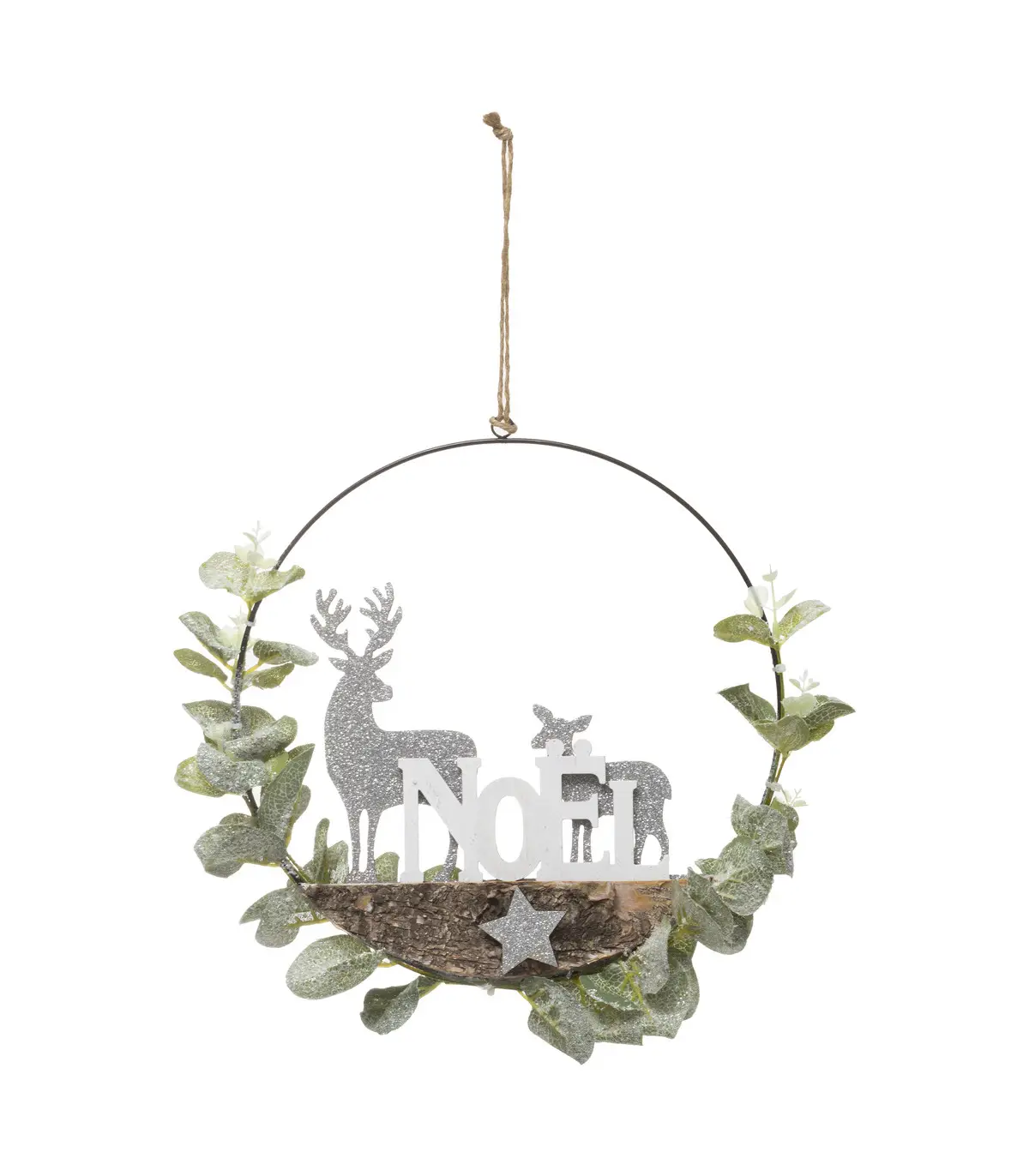 Couronne avec branche de Noël et Rennes argent pailleté D 28 cm