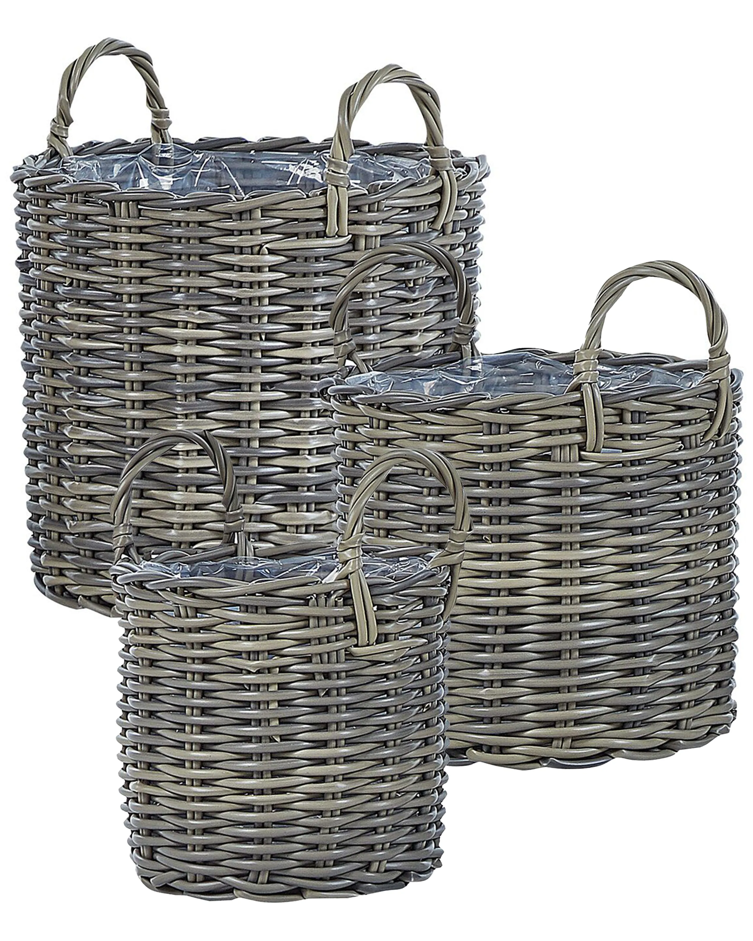 Conjunto de 3 macetas de mimbre NIKITI Ratán sintético 29/35/40 cm Gris pardo