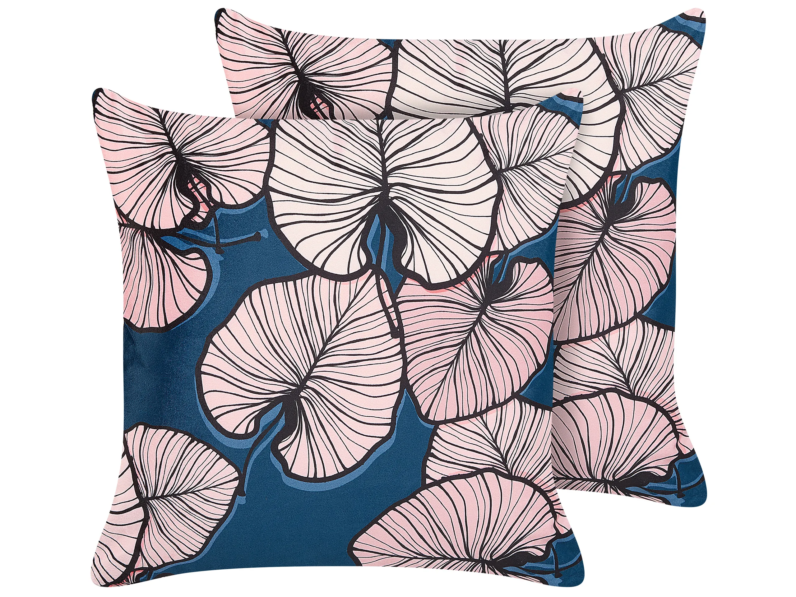Conjunto de 2 cojines decorativos CHRYSANTHEMUM Terciopelo 45 x 45 cm Azul oscuro Patrón de plantas