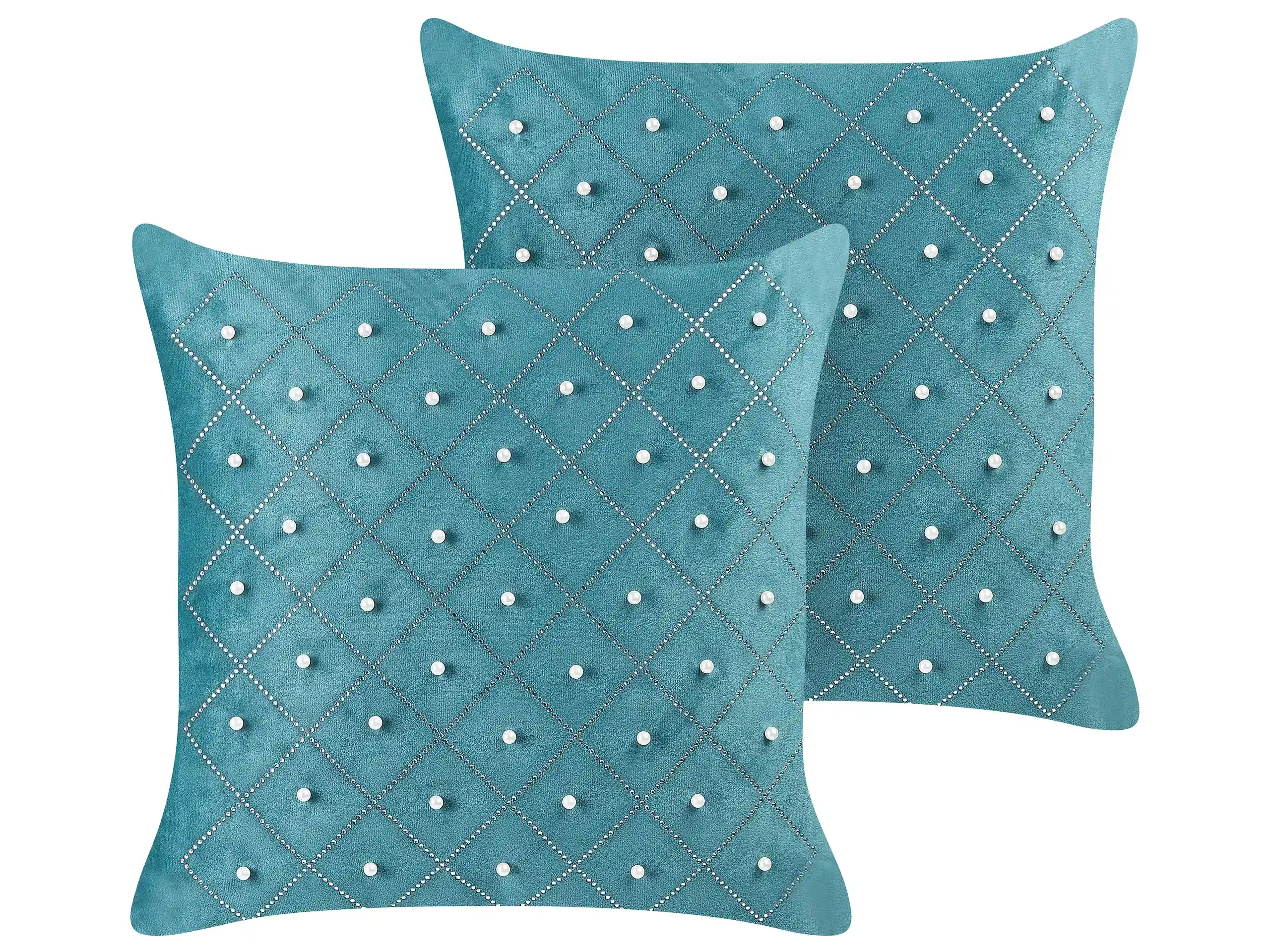Conjunto de 2 cojines decorativos YARROW Terciopelo 45 x 45 cm Verde azulado Patrón geométrico