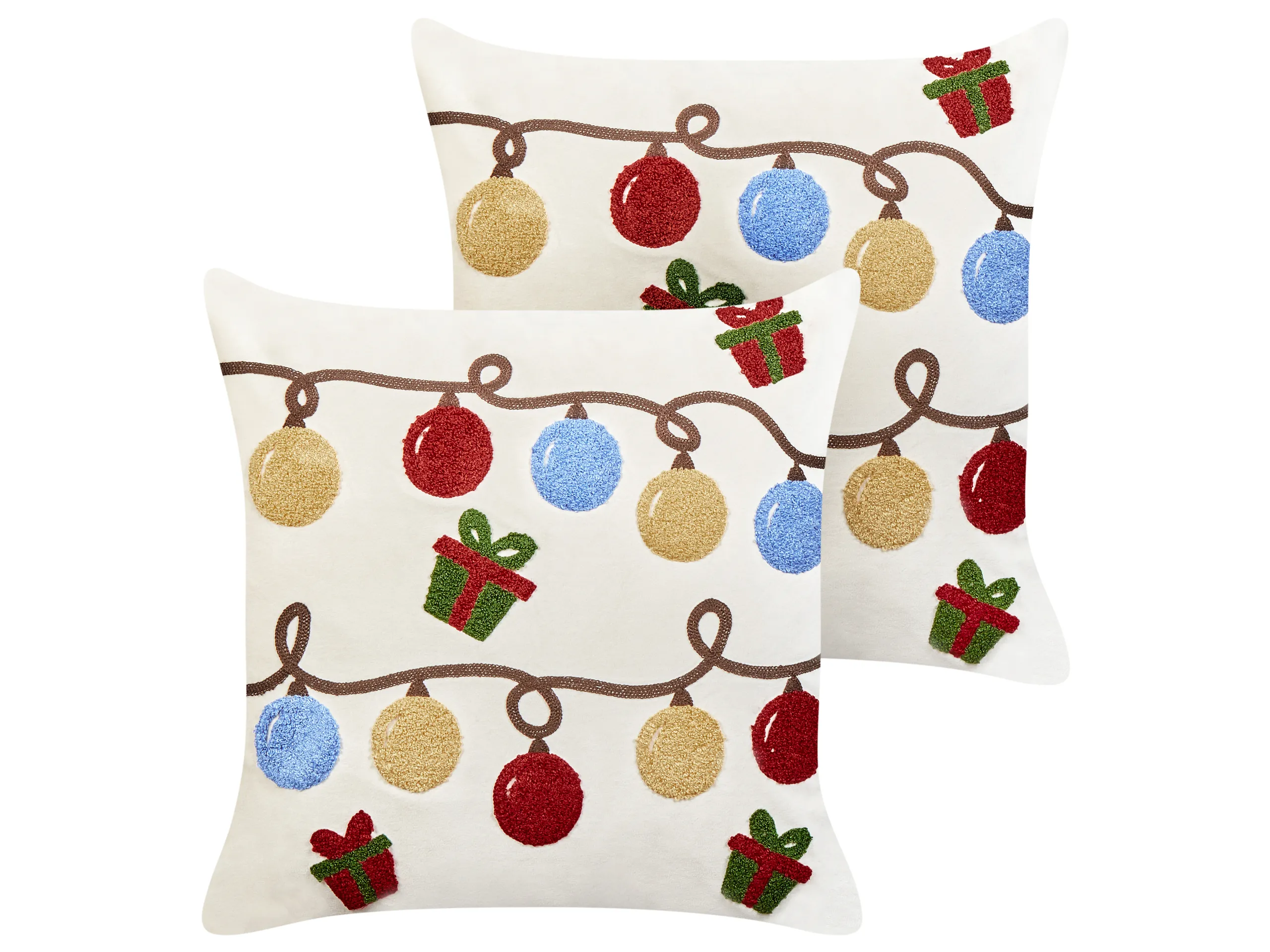Conjunto de 2 cojines decorativos PALMIER Terciopelo 45 x 45 cm Blanco crema Patrón navideño