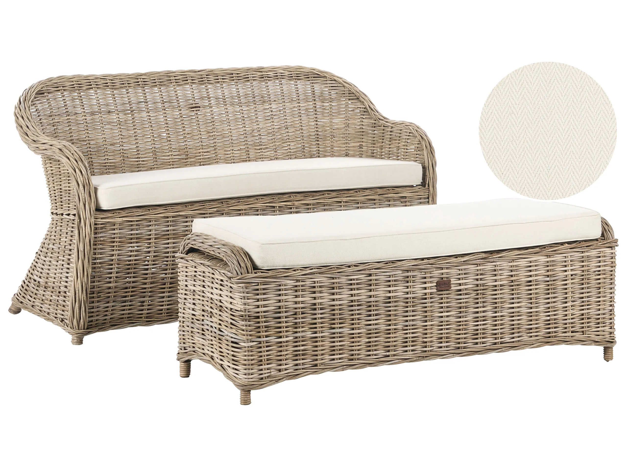 Garden Bench with Cushion SUSUA 141 cm with Ottoman Rattan Natural